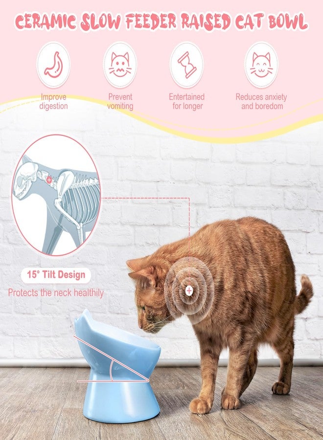 Funnymoom وعاءان مرتفعان من السيراميك من Funnymoom، قطعتان، لتغذية القطط ببطء، وعاءان لطيفان مائلان مضادان للتقيؤ، مناسبان للطعام الجاف والرطب والماء، سهل التنظيف، حافة مرتفعة، مناسبان للحيوانات الأليفة الصغيرة (وردي، أزرق). - Image 4